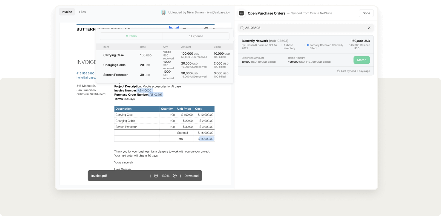 Screenshot of 3-way matching invoices with purchase orders and item receipts synced from NetSuite